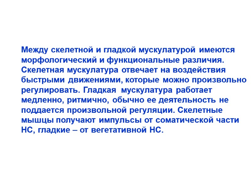 Между скелетной и гладкой мускулатурой имеются морфологический и функциональные различия. Скелетная мускулатура отвечает на Между скелетной и гладкой мускулатурой имеются морфологический и функциональные различия. Скелетная мускулатура отвечает на